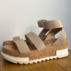 Womens Steve Madden Bandi Elastic Cork Platform Wedge Sandals Size 8